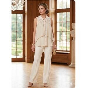Women Chiffon Plus 1X Sleeveless Blouse Beige Lace Tiered HighLow Cottage Formal